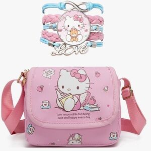 Hello Kitty Crossbody Bag w/ Bracelet Charm,Kawaii Handbag Shoulder Zipper Bag